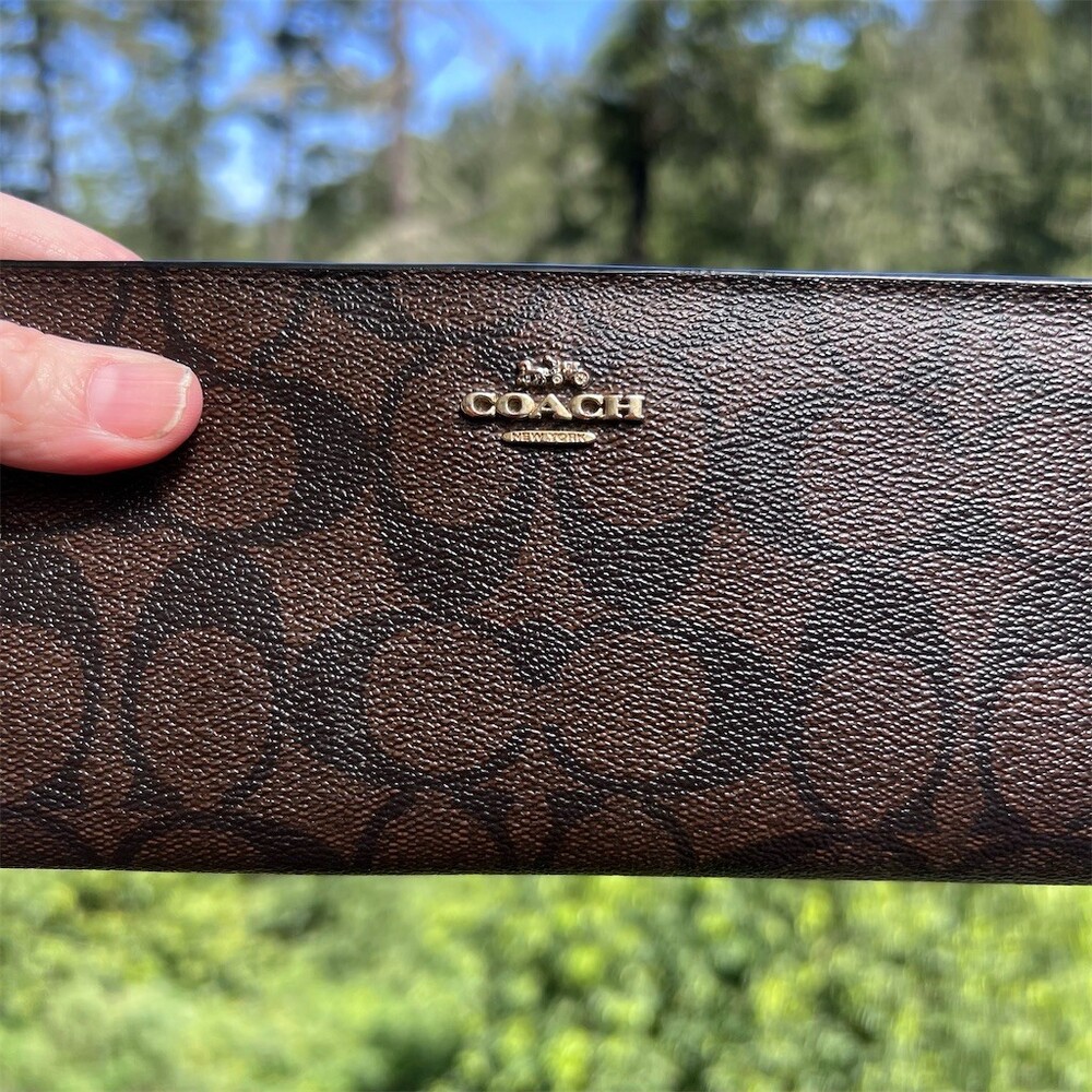 COACH Crossgrain Leather Bifold Wallet Brown Signature Canvas with Gold Hardware - Picture 5 of 7